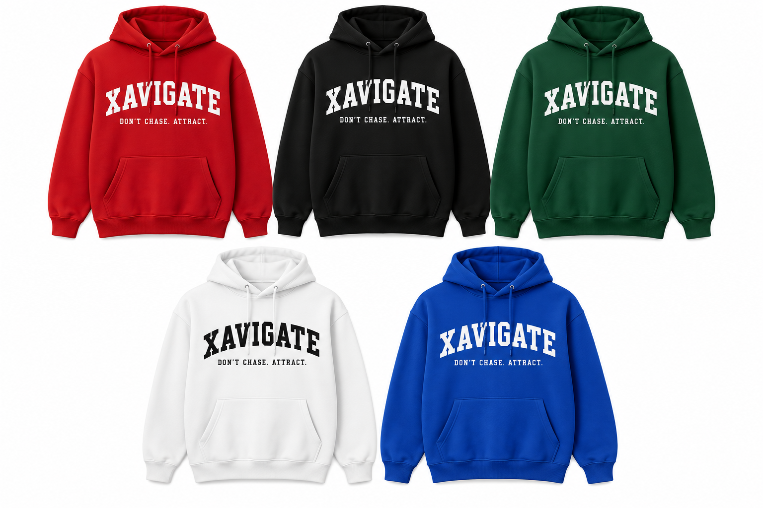 Xavigate hoodies illustrations in red, black, green, white and blue